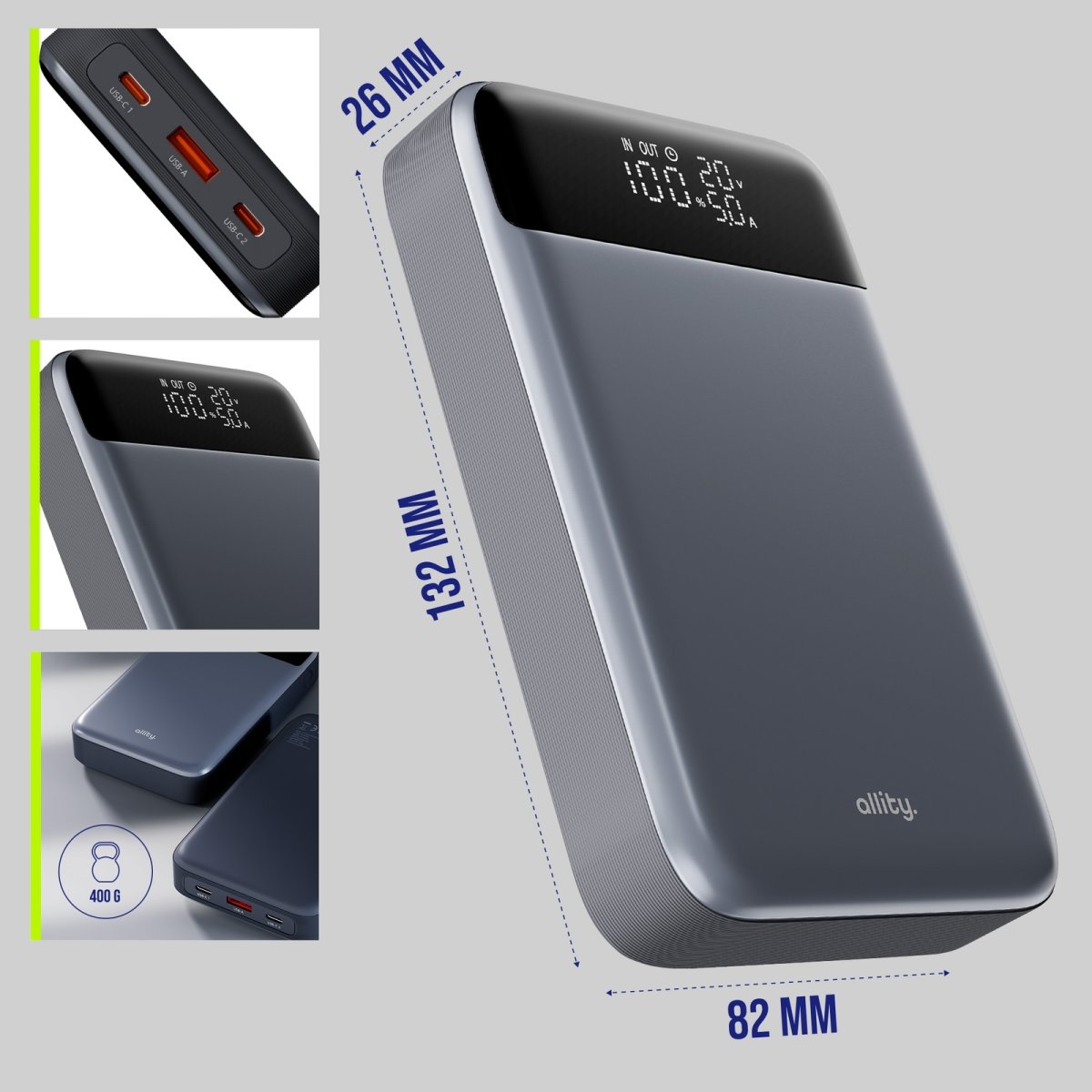 Allity Powerbank, 130W, 19200 mAh - Grå