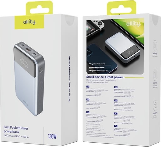 Allity Powerbank, 130W, 19200 mAh - Grå