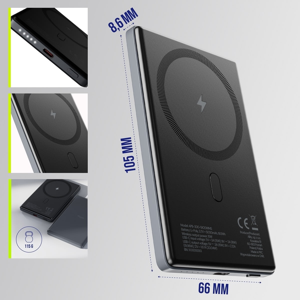 Allity Powerbank, trådlös - 20W, 5000 mAh - Grå