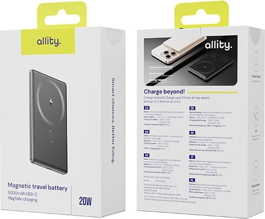 Allity Powerbank, trådlös - 20W, 5000 mAh - Grå