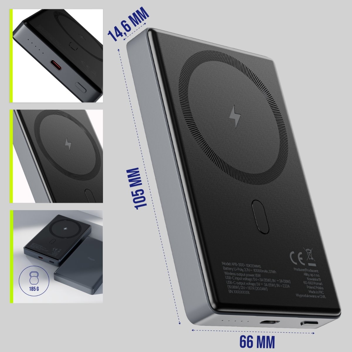 Allity Trådlös powerbank, 20W, 10000 mAh - Grå