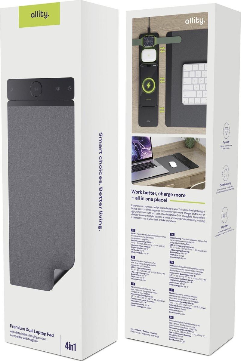 Allity Datorunderlägg, trådlös laddning 4-i-1, 15W