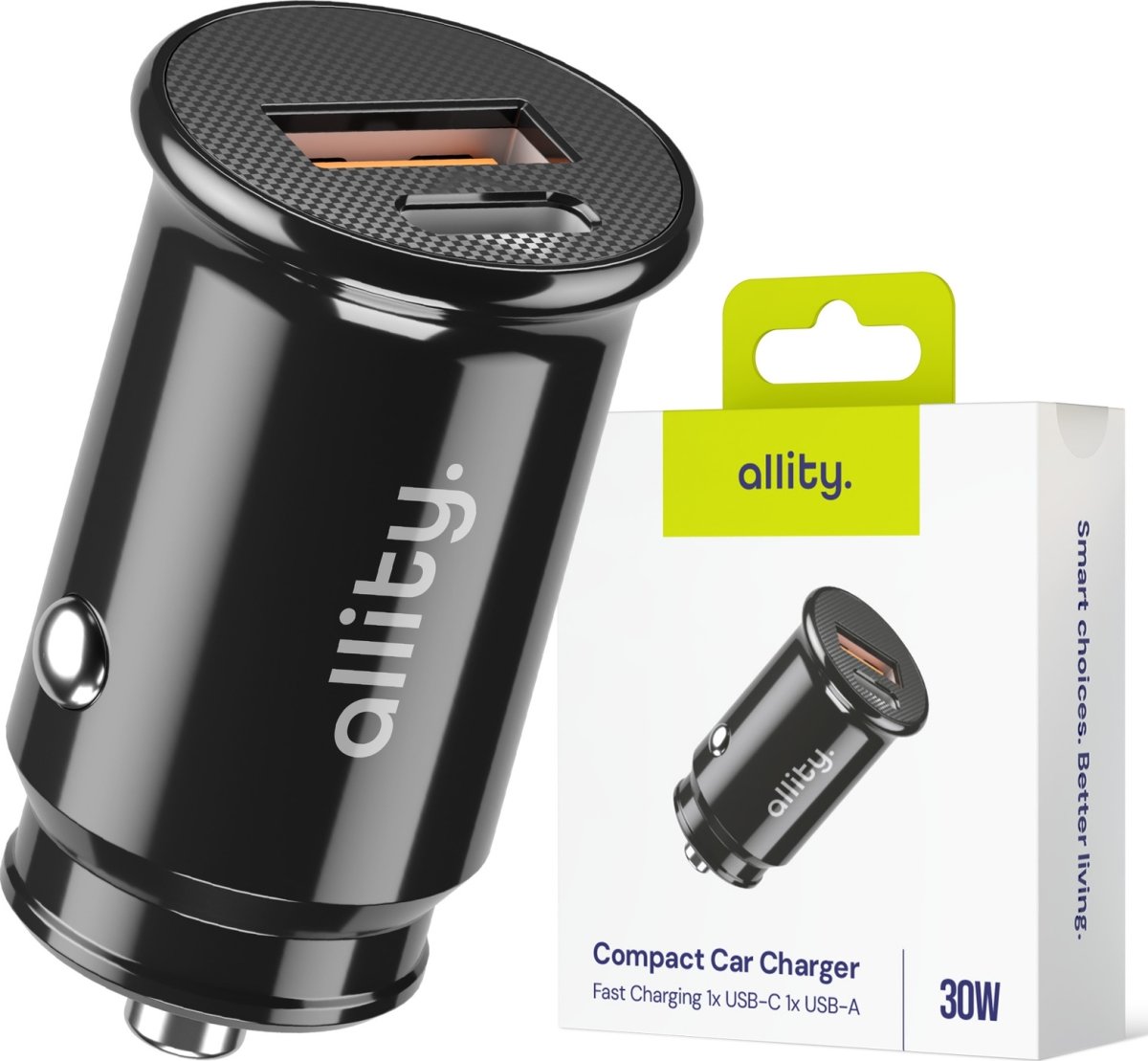 Allity Cigarstik, 1x USB-C, 1x USB-A. 30W - Svart