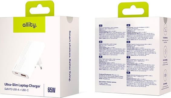 Allity Laddare, 1x USB-C, 1x USB-A, 65W - Vit