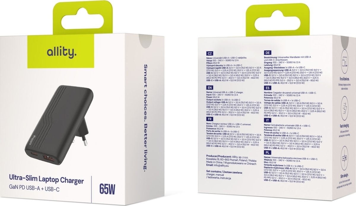 Allity Laddare, 1x USB-C, 1x USB-A, 65W - Svart