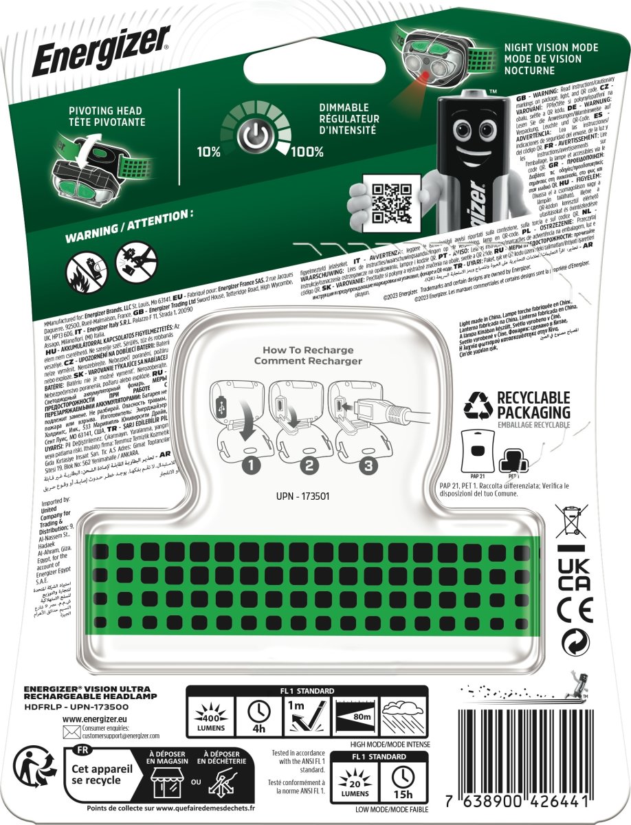 Energizer laddningsbar industriell pannlampa 400lm