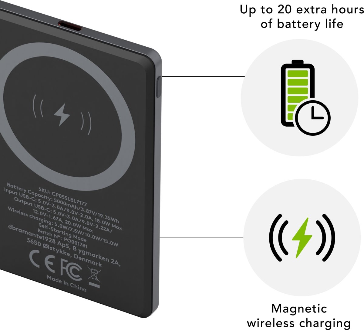 DBRAMANTE1928 Power Bank, 5K Trådlös v2 - Grå