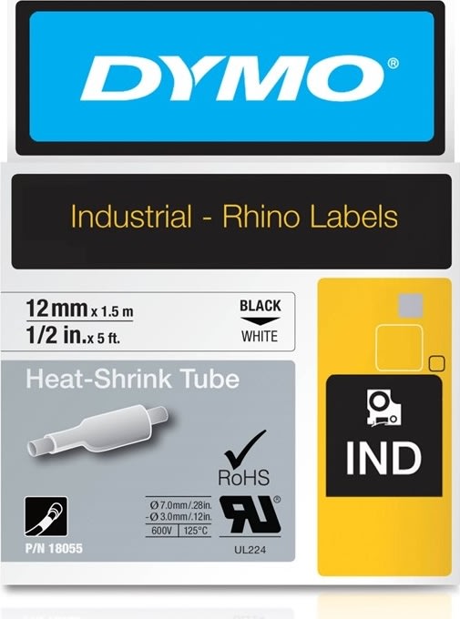 Dymo Rhinopro, 12 mm, krympslangtejp, vit