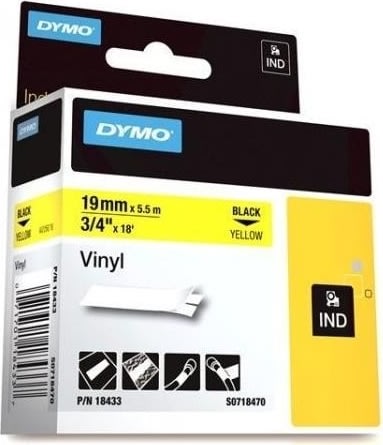 Dymo Rhino Vinyltape 19mm, svart på gul