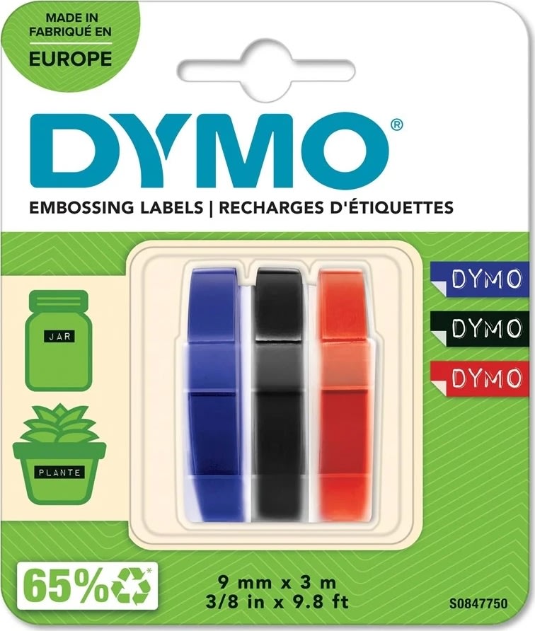 Dymo 3D präglingstape, 9 mm x 3 m i svart/röd/blå