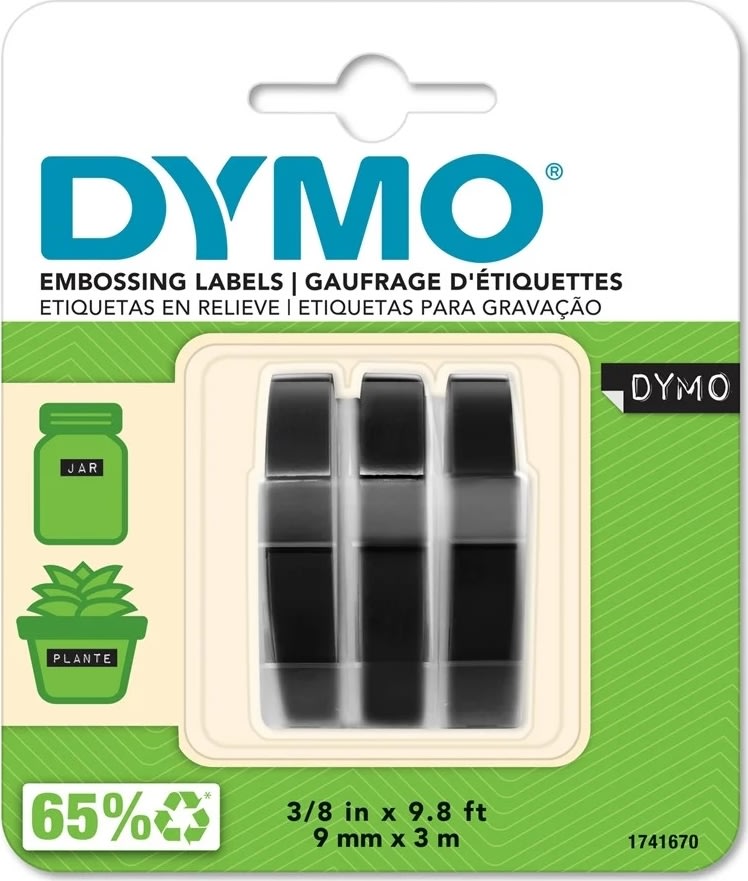 Dymo 3D präglingstape med lim, 9 mm, svart, 3 st