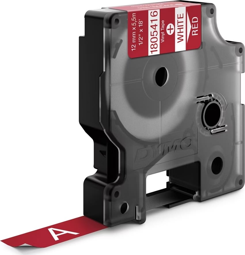 Dymo Rhino Vinyltape, 9 mm, vit på svart