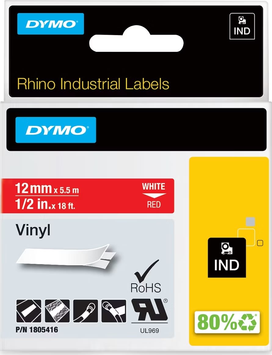 Dymo Rhino Vinyltape 12mm, vit på röd