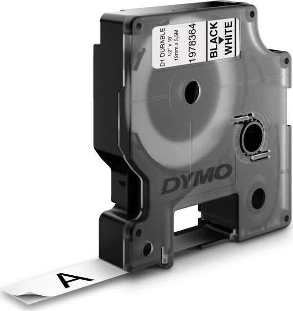 Dymo D1 Durable etikettape 12mm, svart på vit