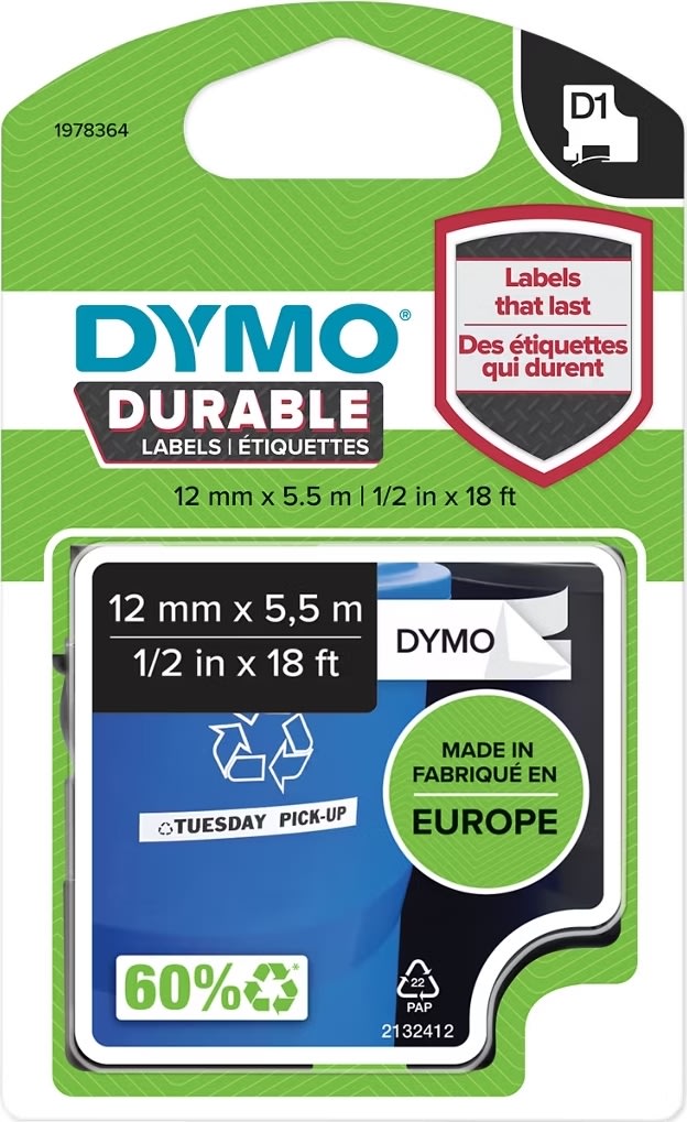 Dymo D1 Durable etikettape, 12 mm, vit på svart