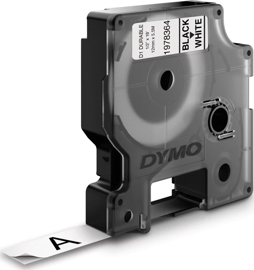Dymo D1 Durable etikettape, 12 mm, vit på svart