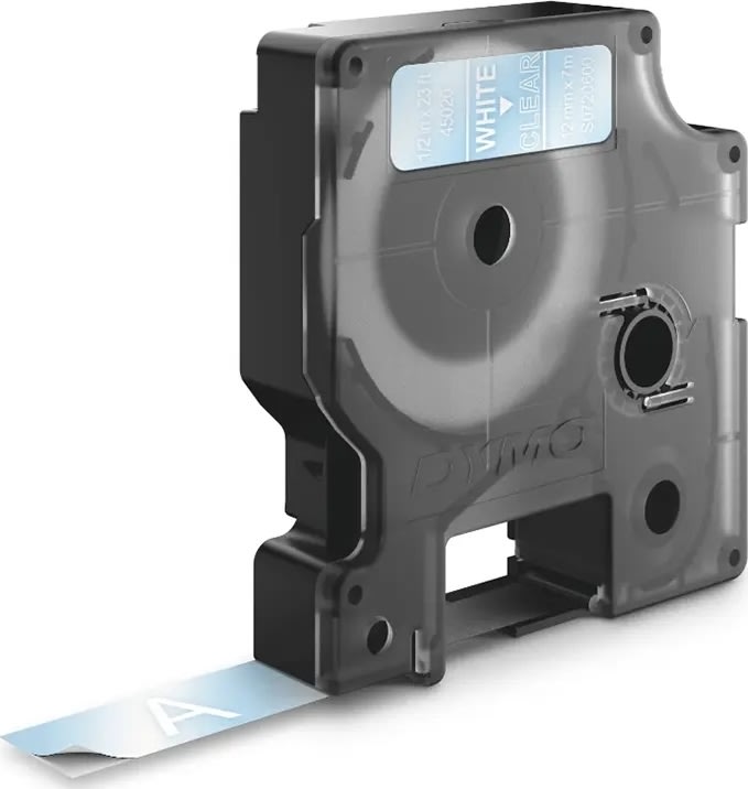 Dymo D1 etikettband 12mm, vit på klar