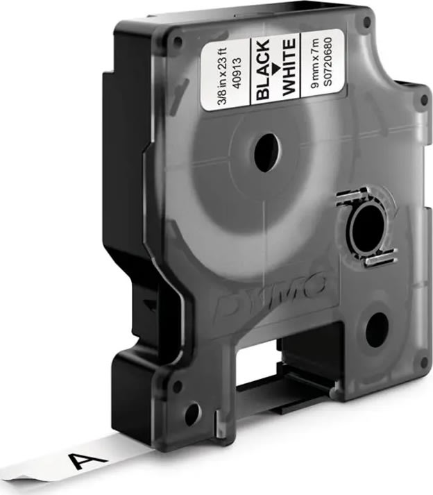 Dymo D1 etikettape, 9 mm, svart på vit