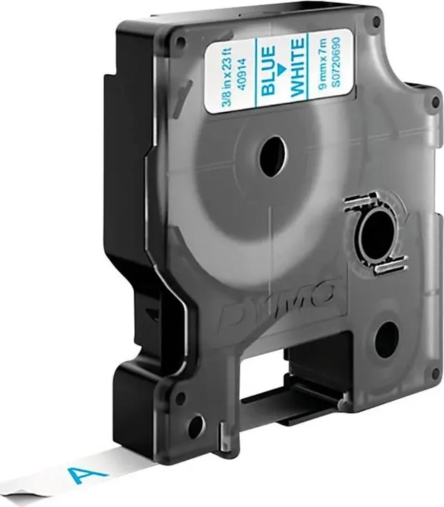 Dymo D1 etikettape, 9 mm, blå på vit