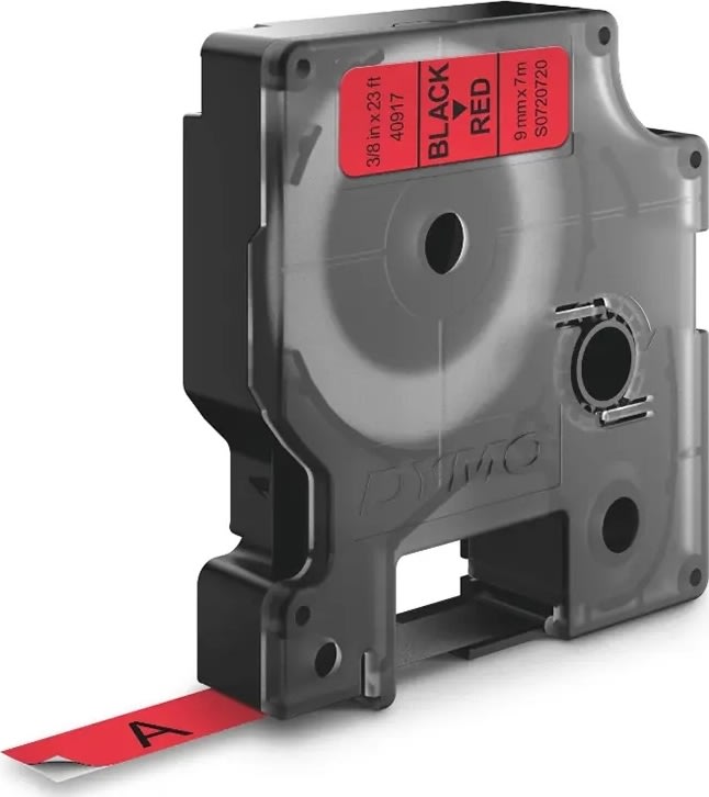 Dymo D1 etikettape, 9 mm, svart på röd