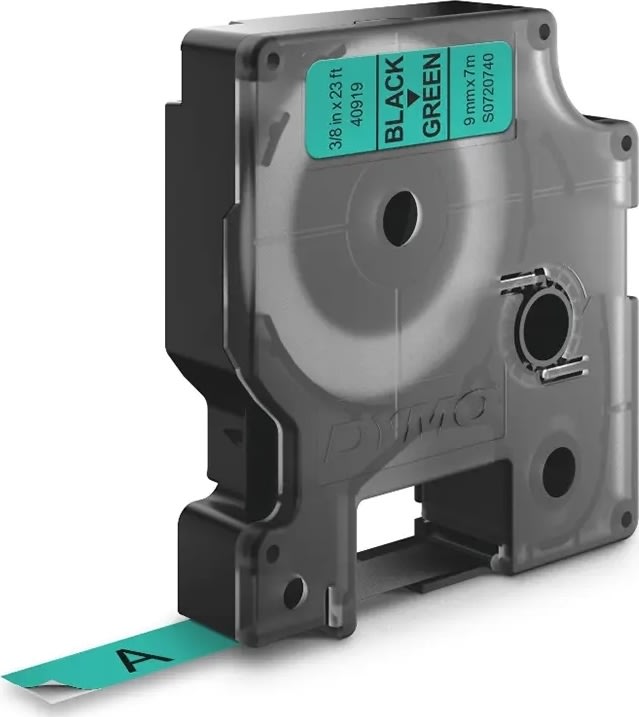 Dymo D1 etikettape, 9 mm, svart på grön