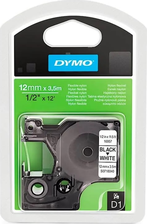 Dymo D1 polyestertape, 12 mm, svart på vitt