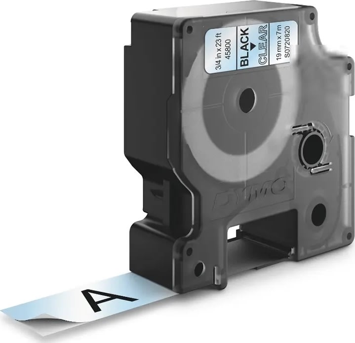 Dymo D1 etikettape, 19 mm, svart på genomskinlig