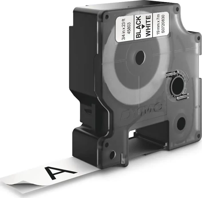 Dymo D1 etikettape, 19 mm, svart på vit