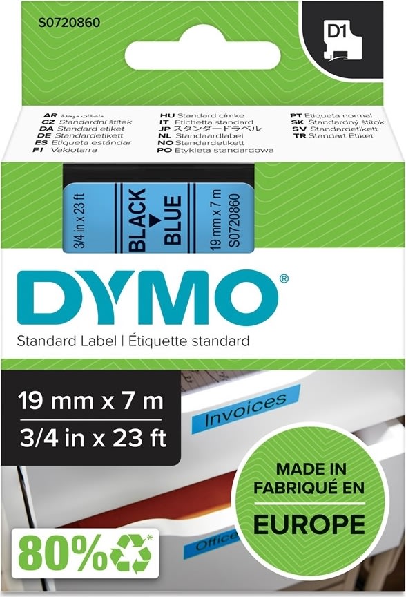 Dymo D1 etikettape, 19 mm, svart på blå