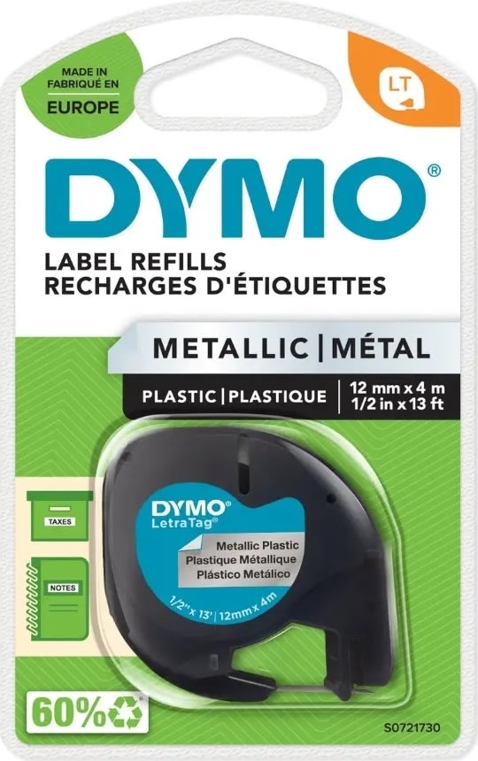 Dymo Letratag etikettejp 12mm, svart på silver