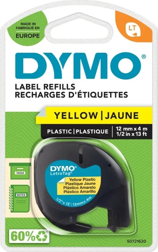 Dymo Letratag etikettape, 12 mm, svart på gul