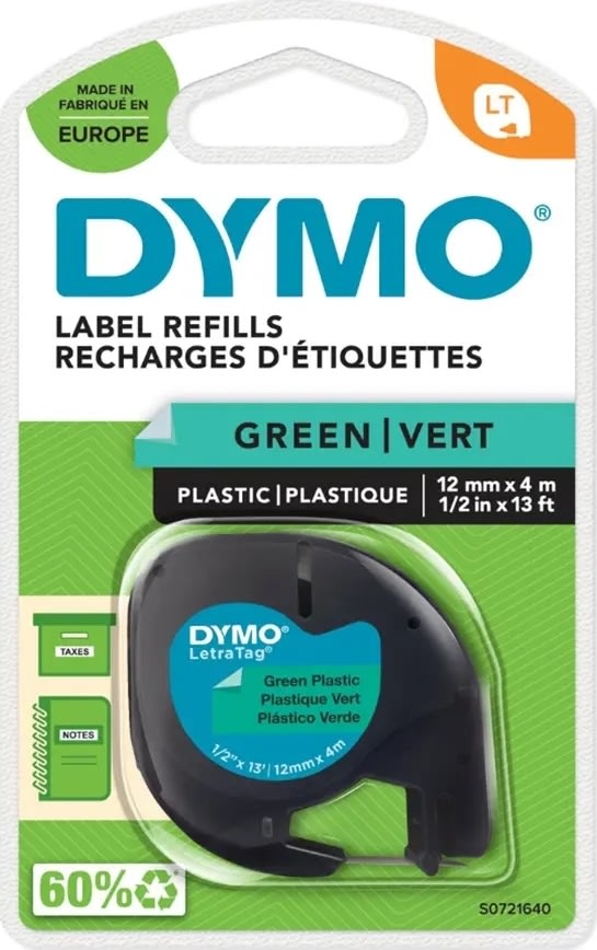 Dymo Letratag etikettape, 12 mm, svart på grön