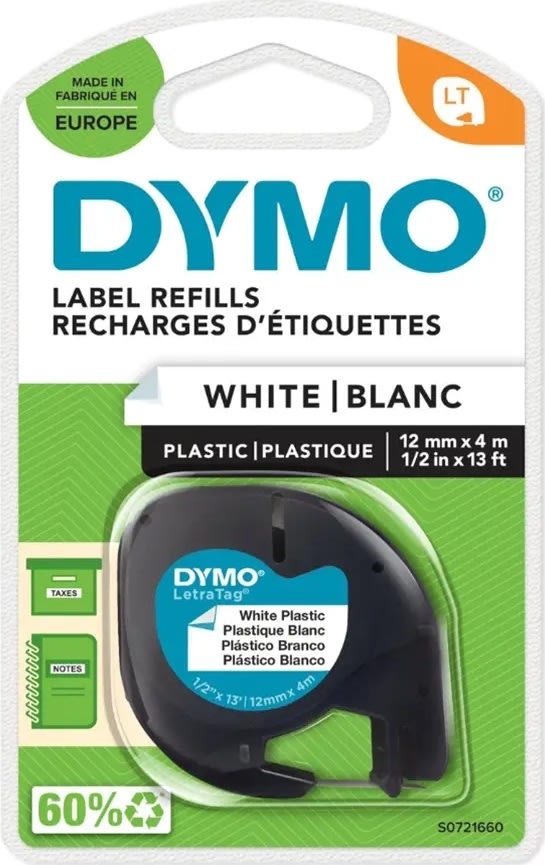 Dymo Letratag etikettape, 12 mm, svart på vit