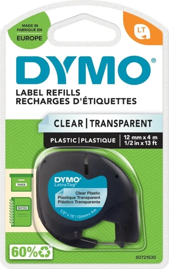 Dymo Letratag etikettape, 12 mm, svart på genomski