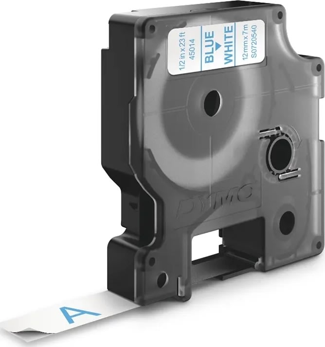 Dymo D1 etikettape, 12 mm, blå på vit