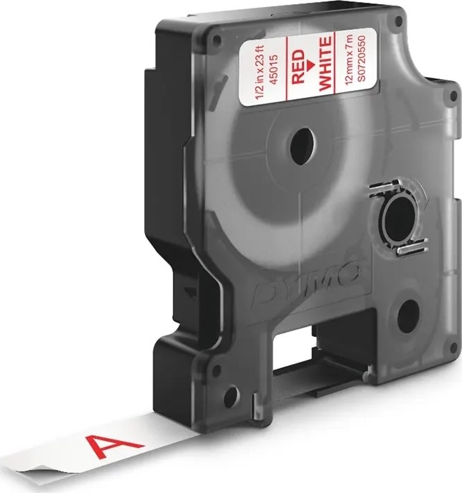 Dymo D1 etikettape, 12 mm, röd på vit
