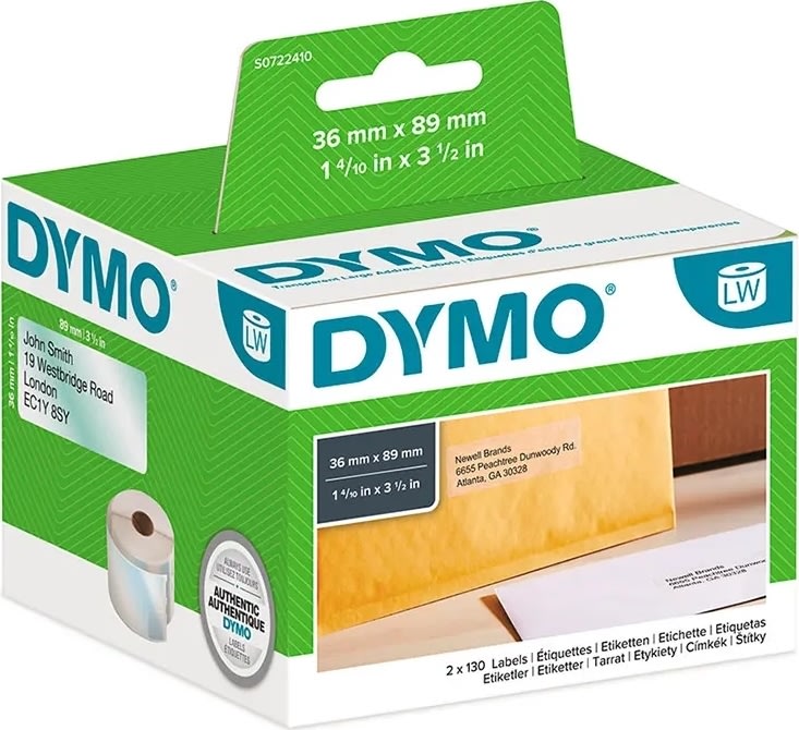 Dymo LW adressetikett i plast, 36x89 mm