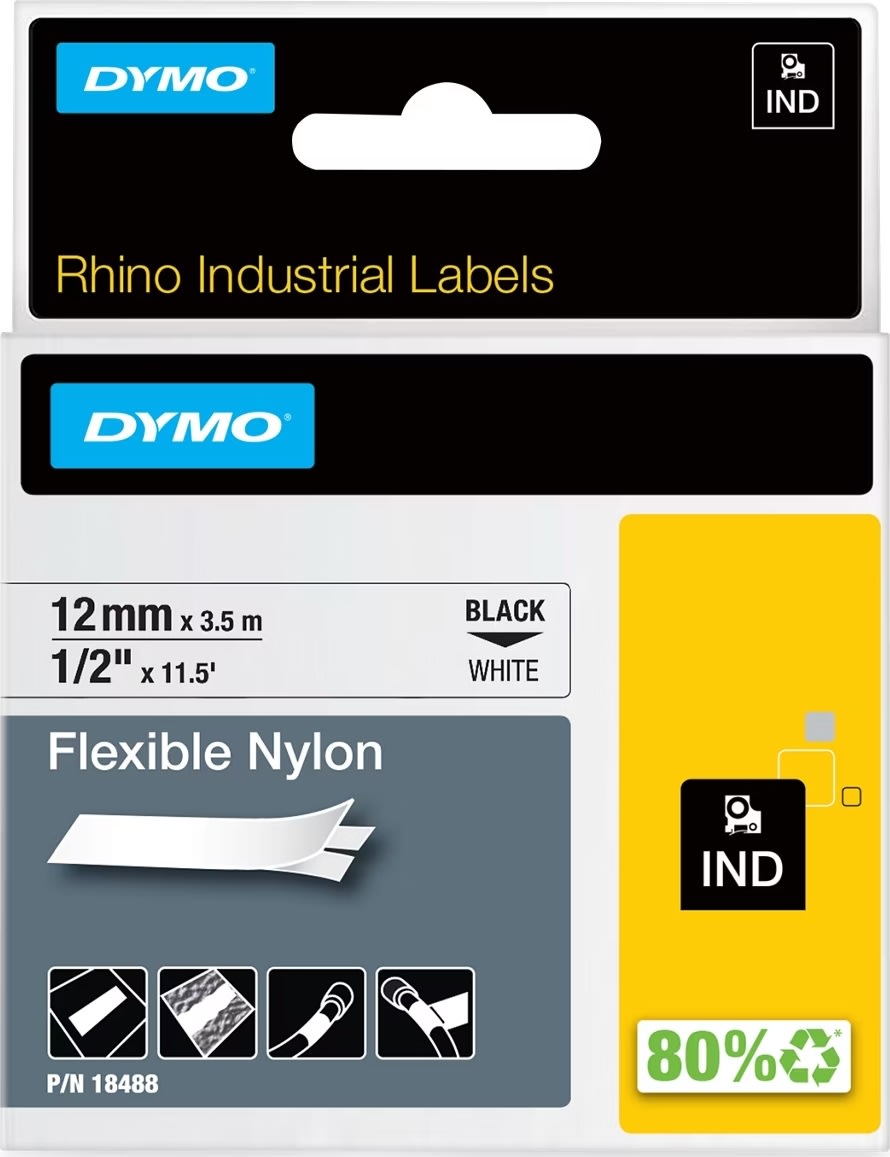 Dymo Rhino flexibel tape, 19 mm, svart på vit