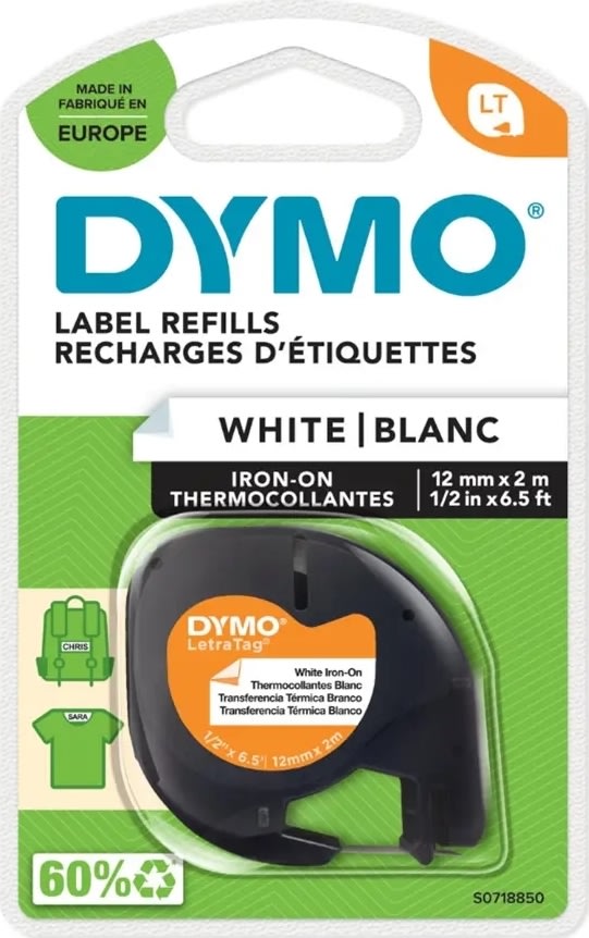 Dymo Letratag etikettape, stryk, 12 mm, svart på v