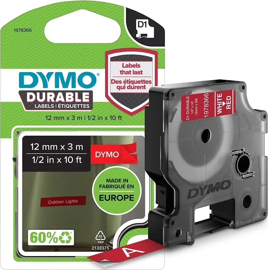 Dymo D1 Durable märktejp 12mm, vit på röd