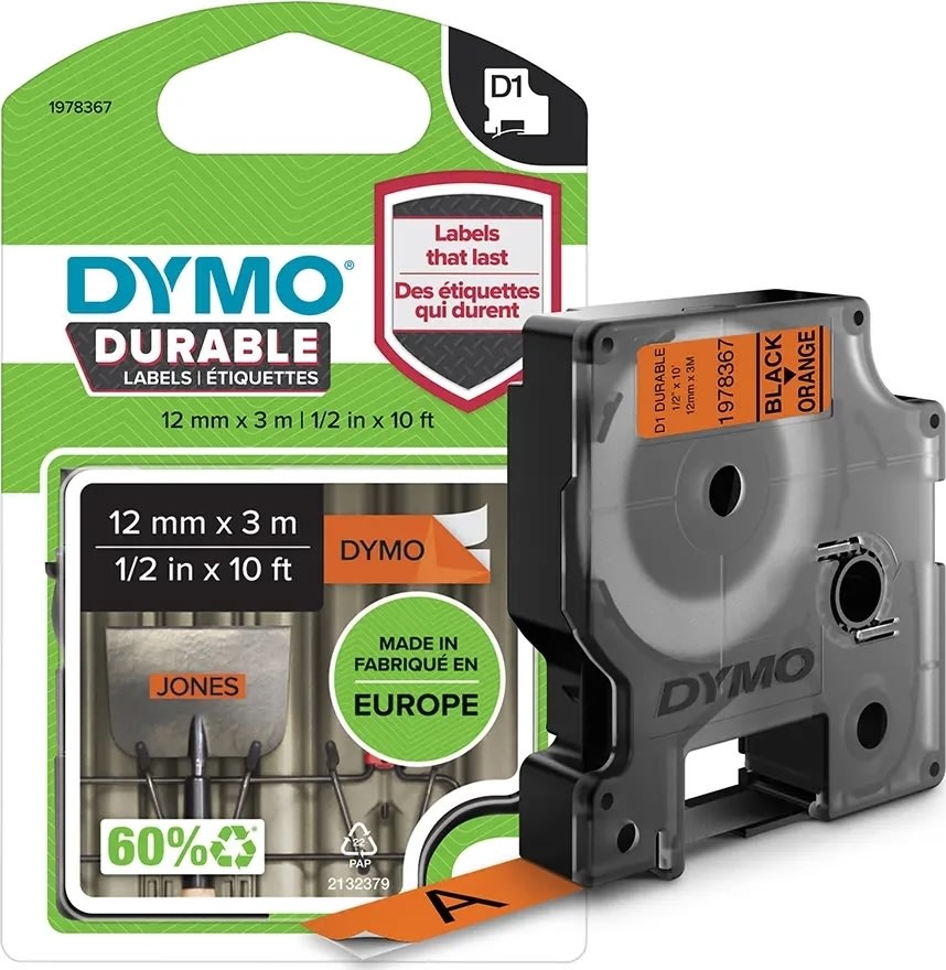 Dymo D1 Durable etikettband 12mm, svart på orange