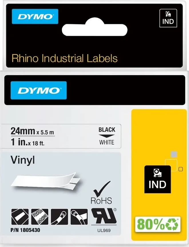 Dymo Rhino Vinyltape 24mm, svart på vit