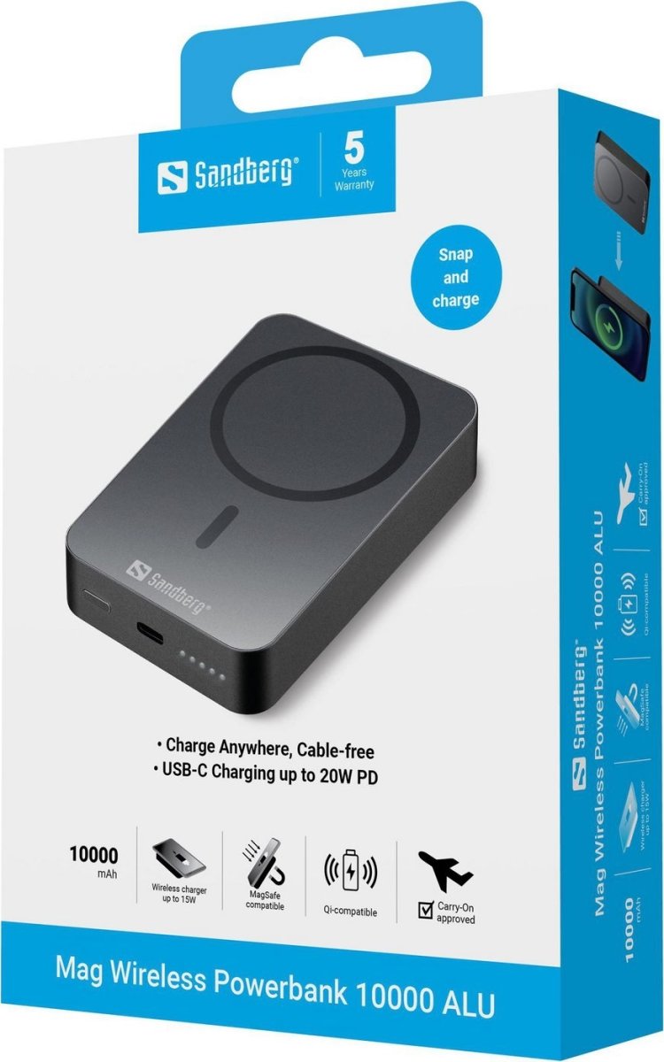 Sandberg Powerbank, Magnet, Trådlös - 10000 mAh