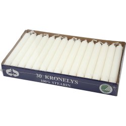 Kronelys i ren stearin, 2,3 x 20 cm, hvid, 30 stk