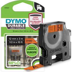 Dymo D1 Durable etikettband 12mm, svart på orange
