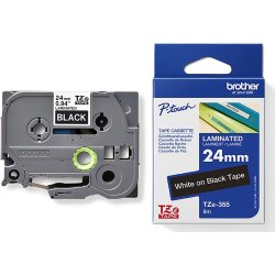 Brother TZe-355 labeltape 24mm, hvid på sort