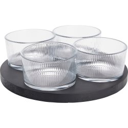 Skålset, 4 glasskålar, svart träbricka