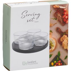 Skålset, 4 glasskålar, svart träbricka