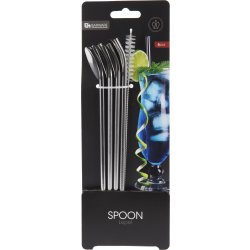 Sugrör med sked, rostfritt stål, 4 sugrör+borste