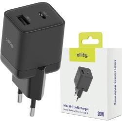 Allity Laddare, 1x USB-C, 1x USB-A, 20W - Svart